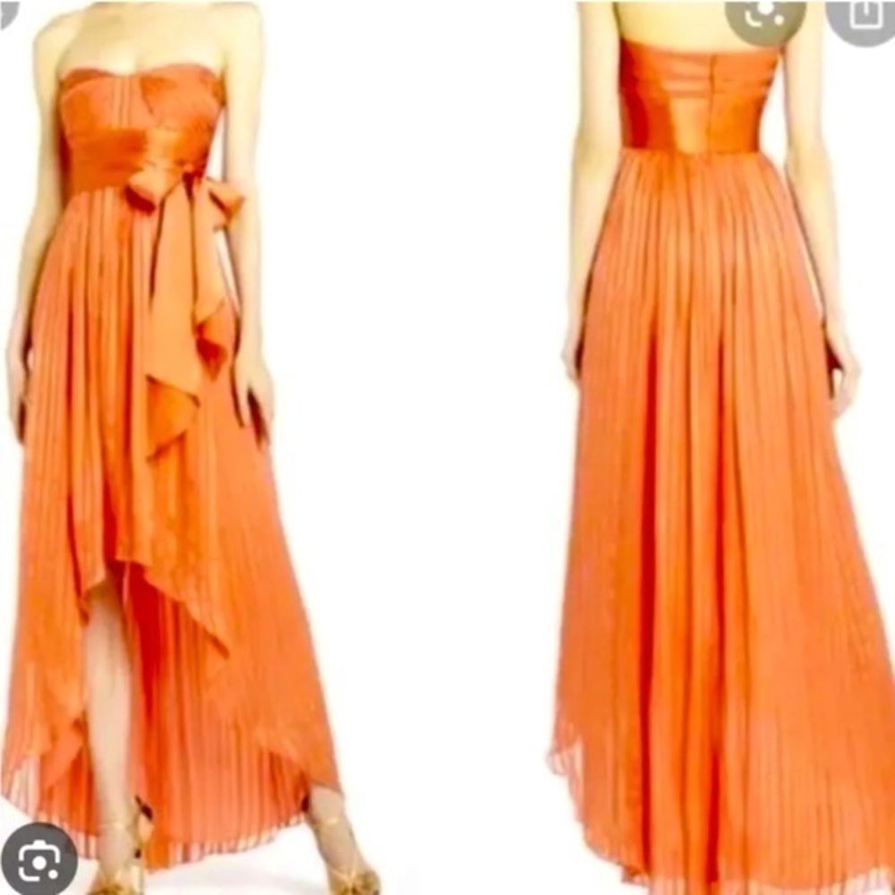 BCBG Maxazaria  Alicia Pleated 100% Silk Chiffon Charmeuse high lo Gown Coral 2